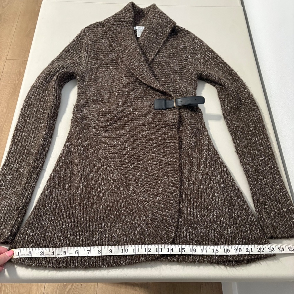 Cache Brown Marled Knit Shawl Collar Cardigan Sweater Side Buckle Wrap Womens M - Picture 7 of 11